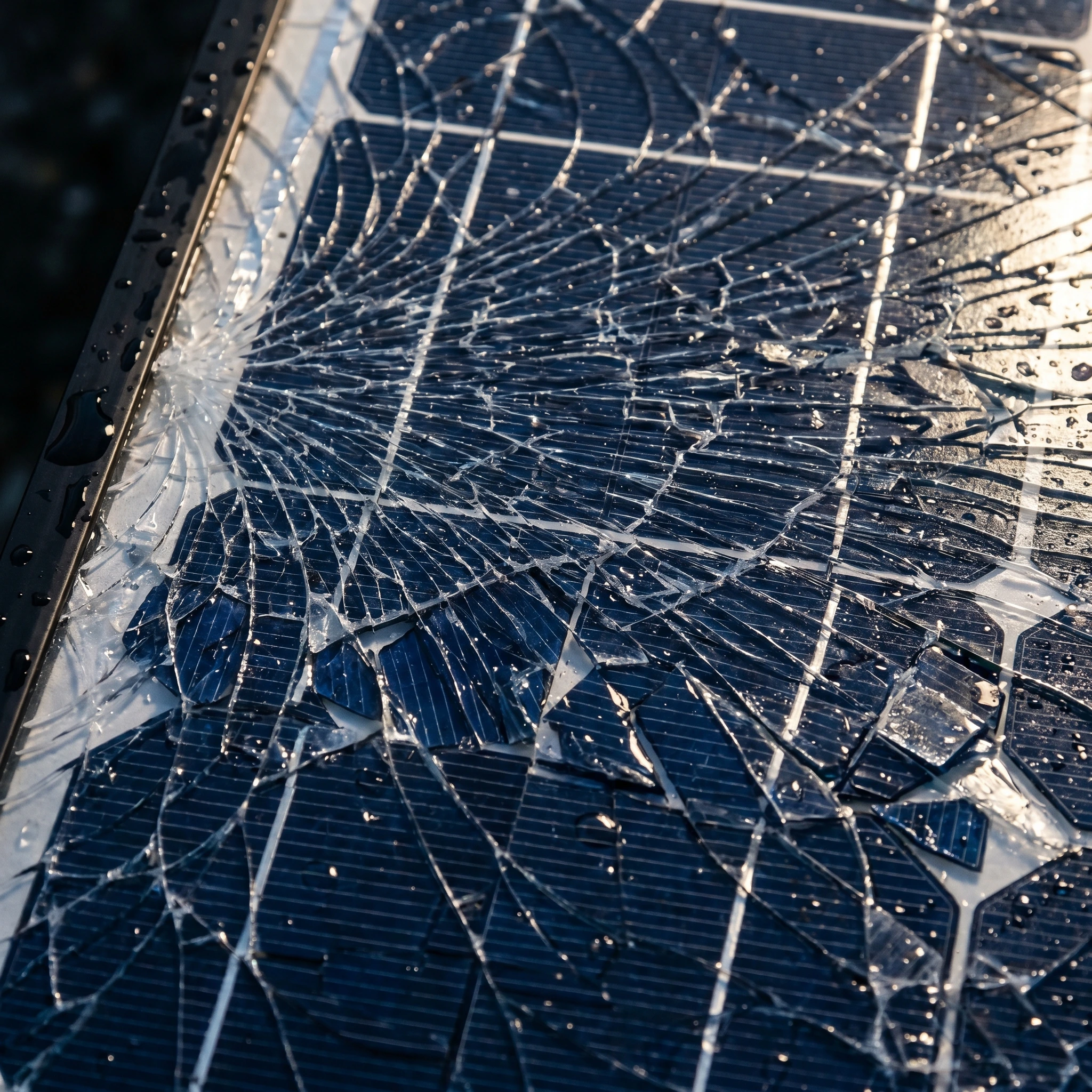 Spinnennetzartige Glasbruch-Risse und gebrochene Solarzellen in Nahaufnahme