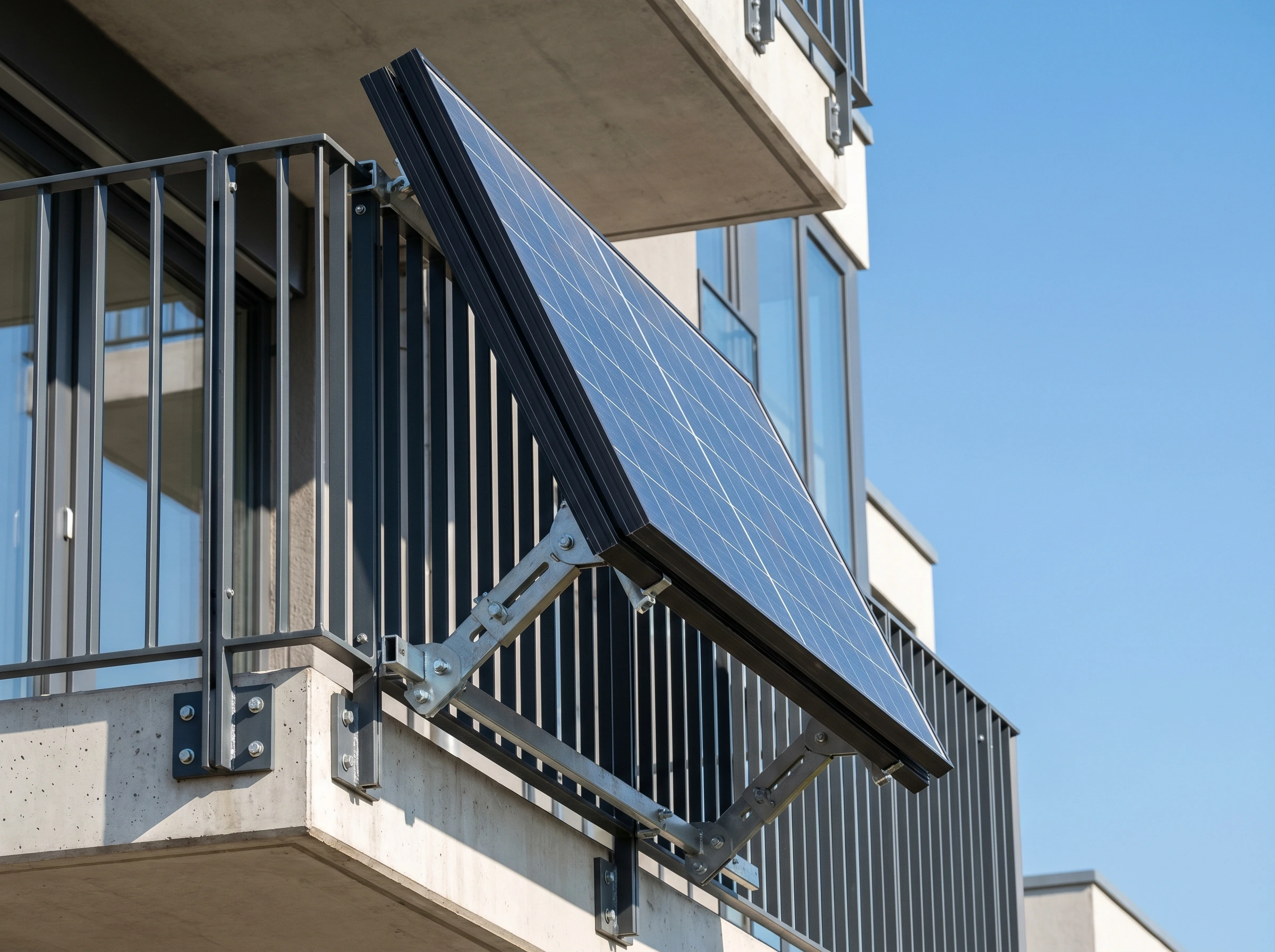 Starr verschraubtes, alu-gerahmtes Solarmodul fest an der Balkonbrüstung montiert