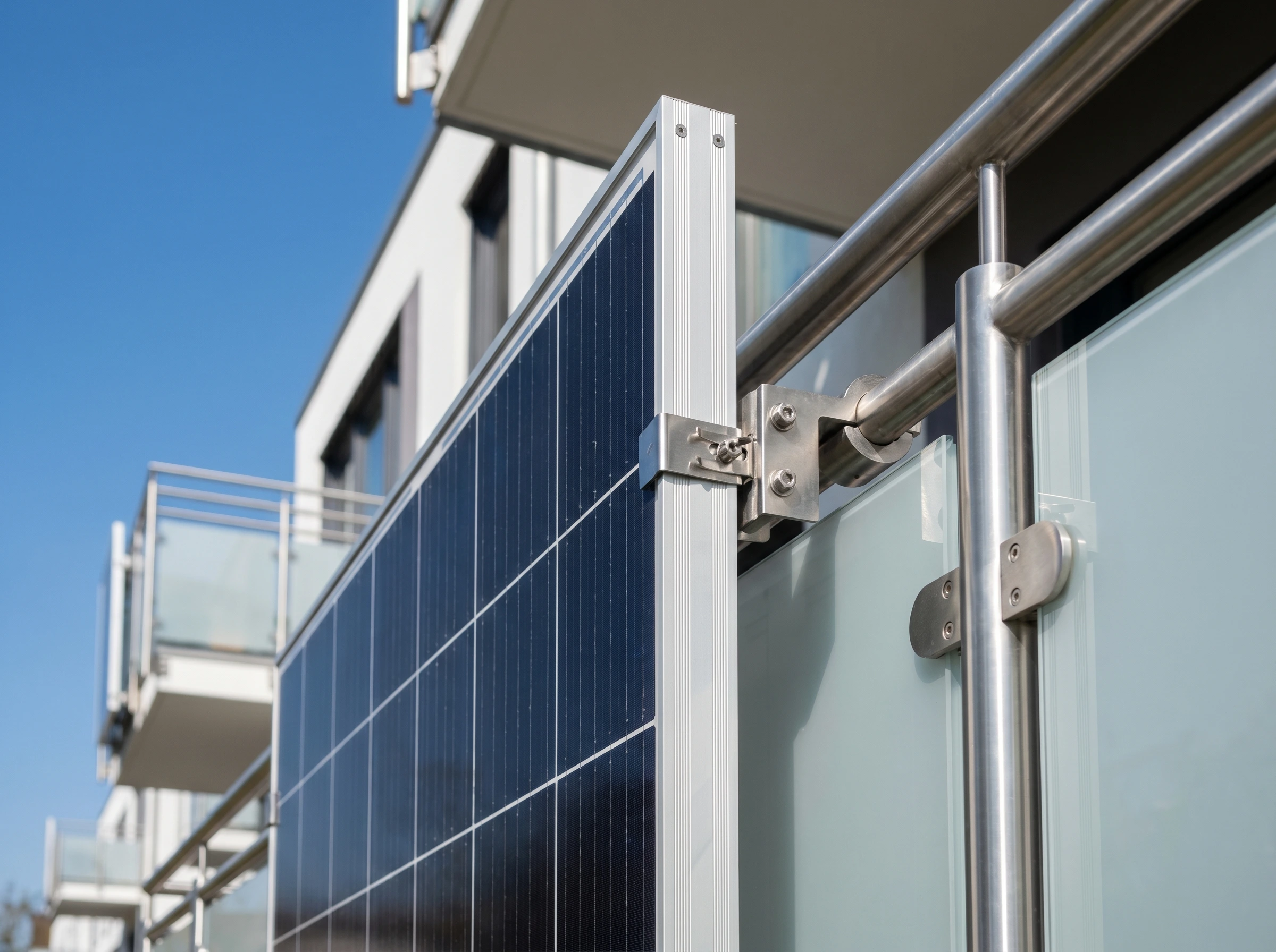 Detailaufnahme einer verschraubten Aluminium-Halterung an einer Balkonbrüstung