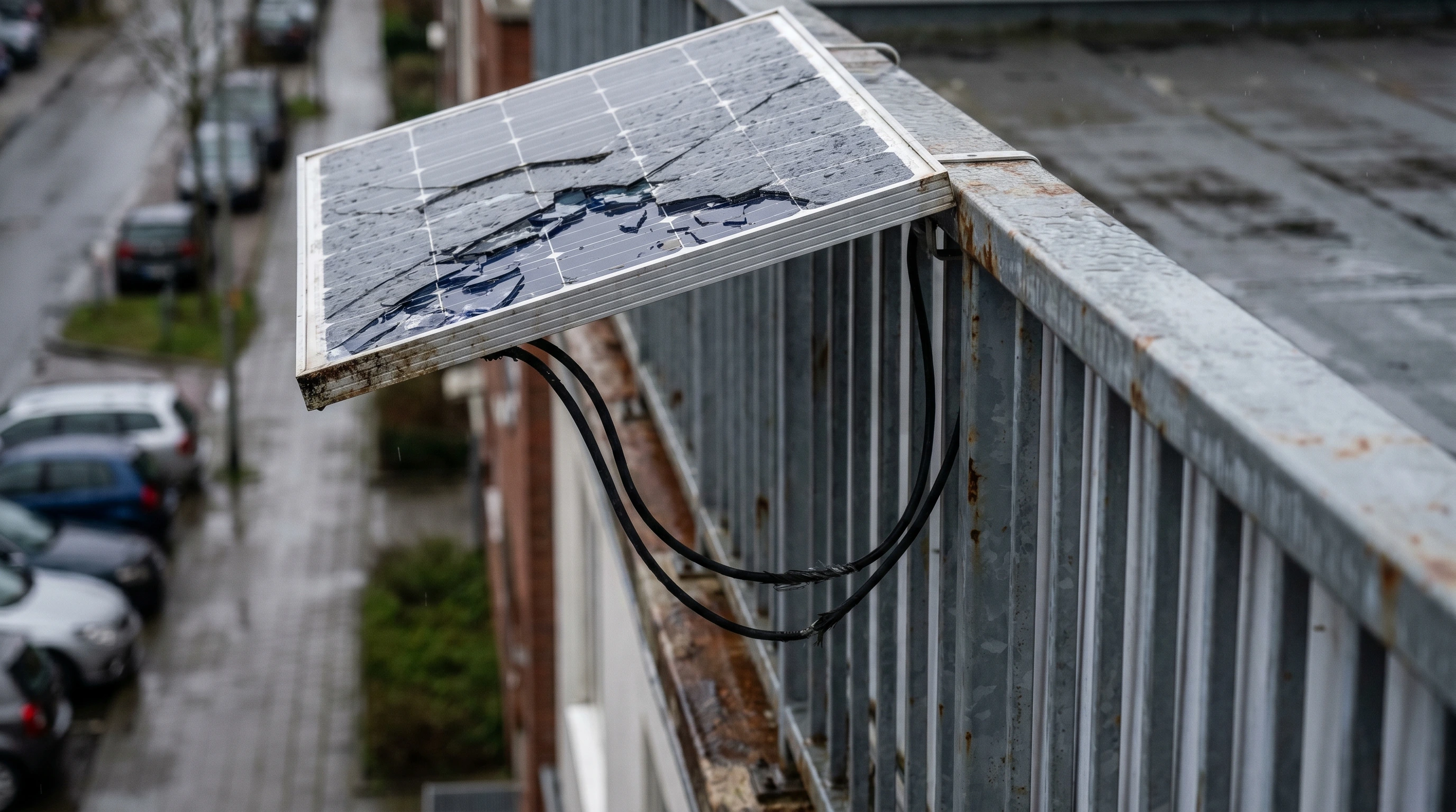 Das gebrochene Solarmodul hängt nur noch an zwei Kabeln über der Balkonbrüstung, darunter der Gehweg